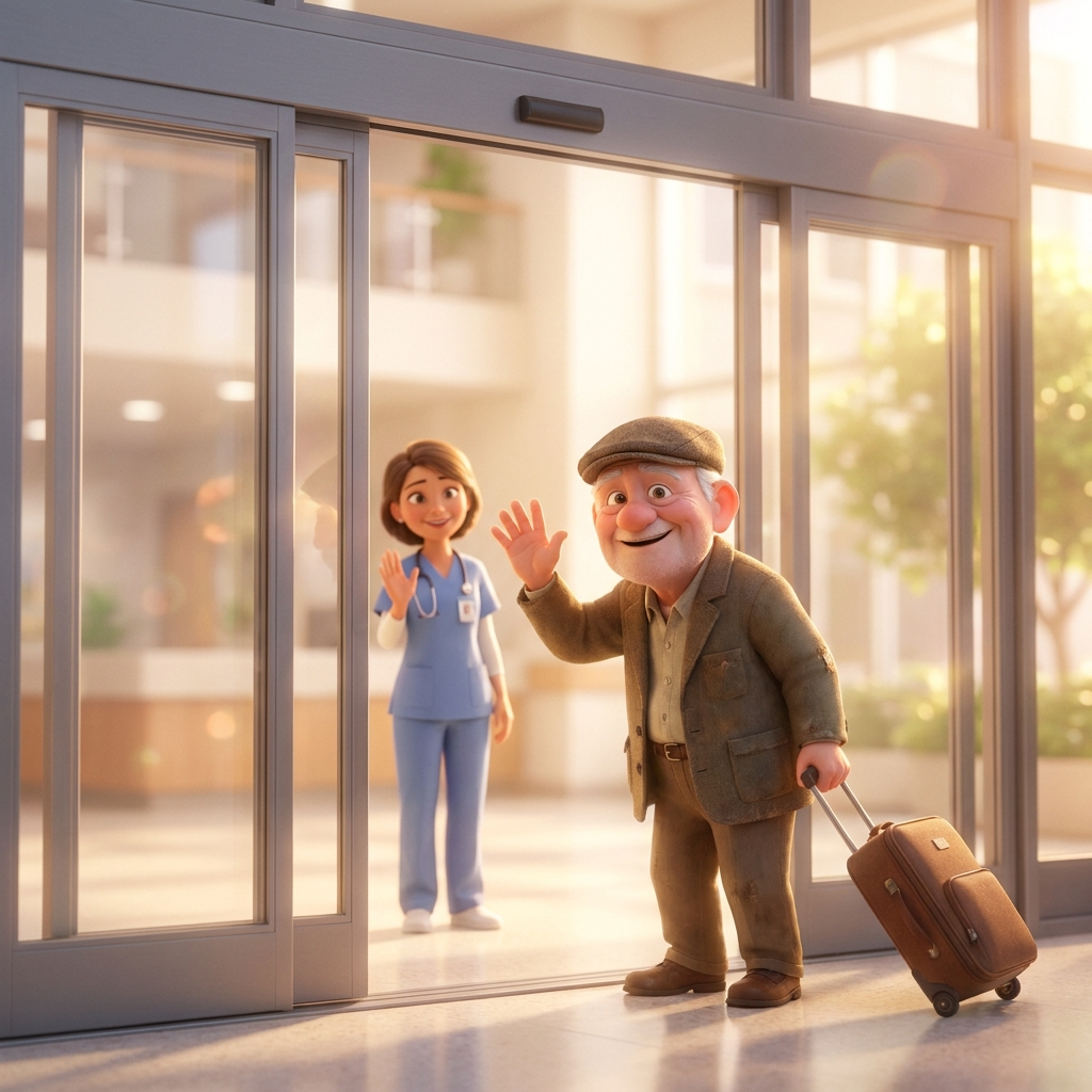 Grandpa waving goodbye at the hospital doors