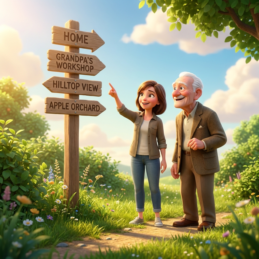Grandpa and his daughter deciding at a signpost