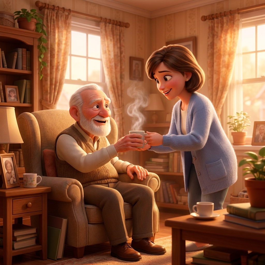 Grandpa back home as a caregiver brings tea